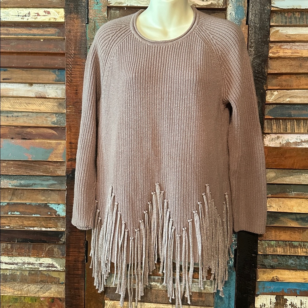 Chico's Taupe Sweater with Shimmery Tassels/Fringe size 1 - Picture 3 of 8